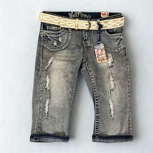 Wallflower Womens 9 Distressed Capri Jeans Lace Belt Stretch NWT Streetwear Boho